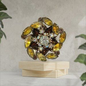 Vintage gorgeous filigree /rhinestone brooch- warm tones Mcm silver tone. amber